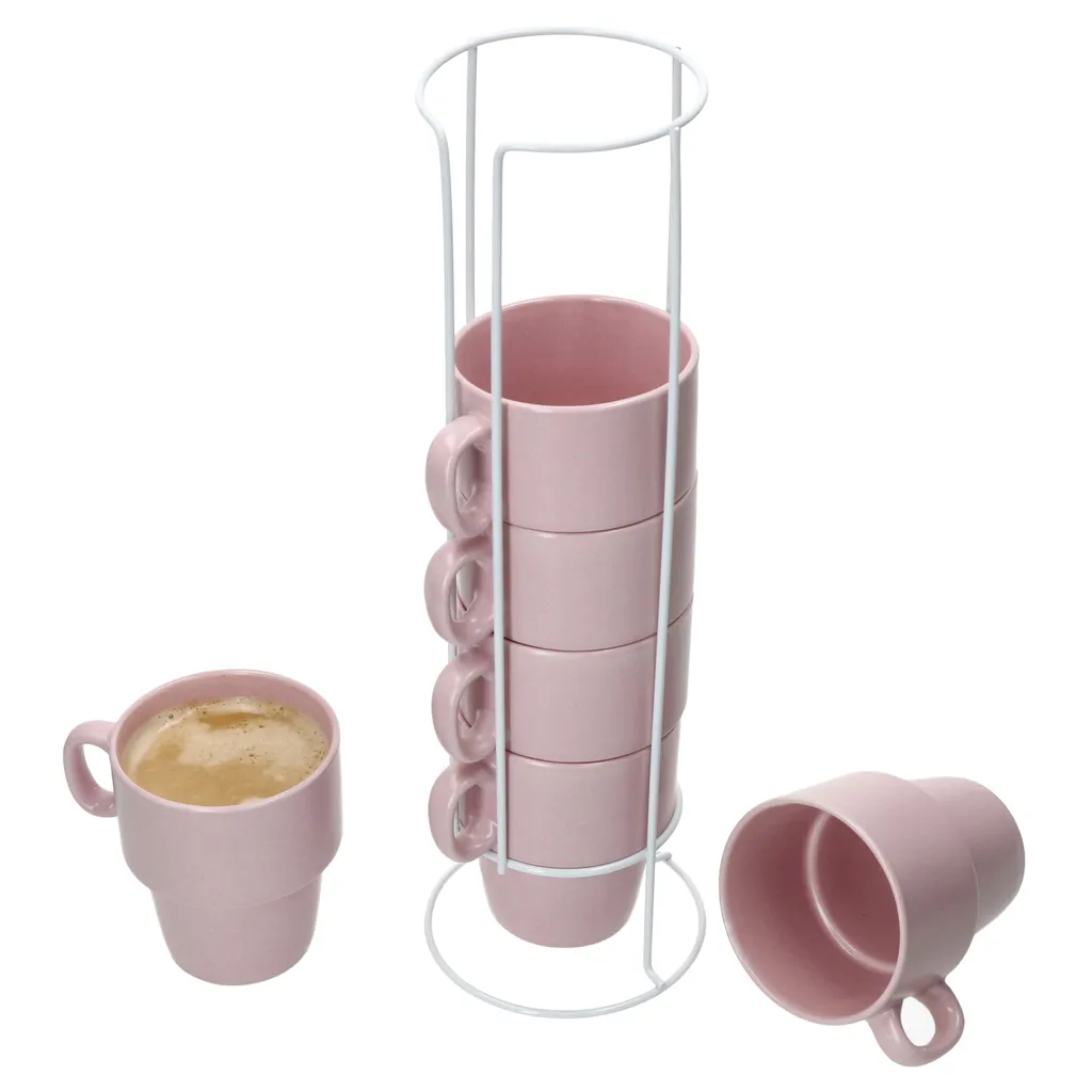 Stata 6x Kaffeebecher mit Ständer 250ml rosa Tasse Henkel Porzellan stapelbar